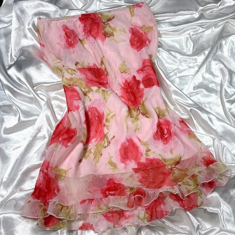 y2k floral Midi Skirt Pink Excellent Tampa Rose Print Ruffle Hem Fairycore